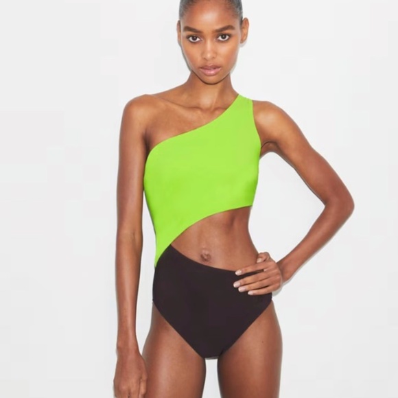 New Tory Burch Cut-Out One-Shoulder Swimsuit – Deep Chocolate/Vivid Lime–Size S - Picture 1 of 9